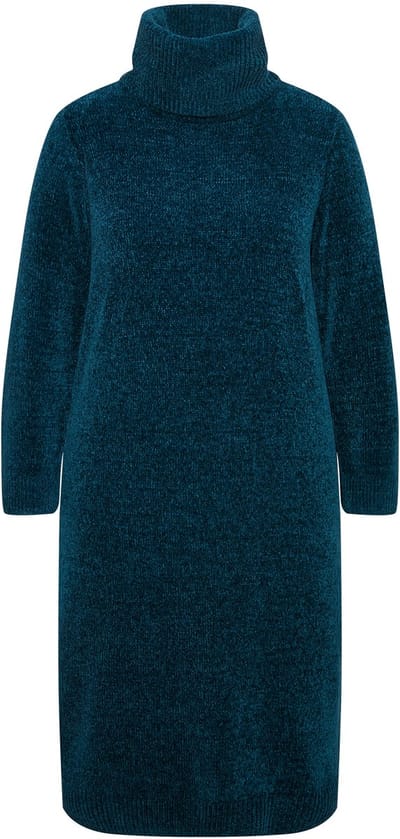 Ulla Popken - Dames - Chenille-jurk structuur breisel colkraag lange mouwen - Petrol - Maat 50+