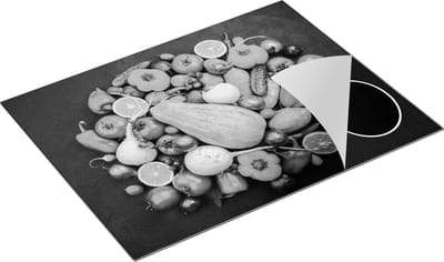 Chefcare Inductie Beschermer Groentes op Zwarte Marmer - Zwart Wit - 77x59 cm - Afdekplaat Inductie - Kookplaat Beschermer - Inductie Mat