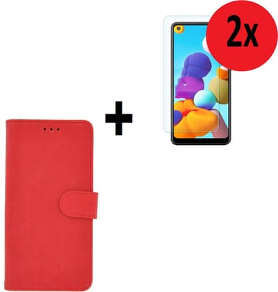 Geschikt voor Samsung Galaxy A21 hoes Effen Wallet Bookcase Hoesje Cover Rood + 2x Tempered Gehard Glas / Glazen screenprotector (2 stuks) Pearlycase
