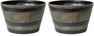 Mega Collections Plantenpot/bloempot - 2x - kunststof - bruin - houtmotief - D50 x H32 cm