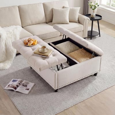 Voetenbank - Grote vierkante voetenbank met opbergruimte (91 cm) - Multifunctionele voetenbank met opbergruimte - Geschikt voor de woonkamer en slaapkamer - 90 × 90 × 45 cm - Ivoorwit