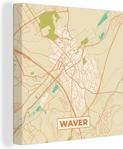 Canvas Schilderij Kaart - Plattegrond - Waver - Vintage - Stadskaart - 20x20 cm - Wanddecoratie