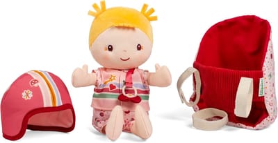 Fietsstoeltje Pop - Poppenaccessoire - Poppenvervoer - Inclusief Helm - 23 cm - Framboos