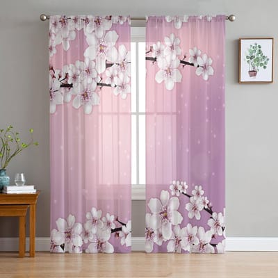 Bloem Kersenbloesems Boomtak Verloop Transparante Gordijnen voor Woonkamer Decoratie Raamgordijnen Keuken Tule Voile Gordijnen W135 x H137cm x1