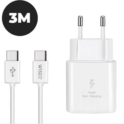 USB C snellader 25W met USB C kabel - geschikt voor Samsung Galaxy en Apple iPhone - inclusief USB C naar USB C oplaadkabel 3 meter - wit - WiseQ
