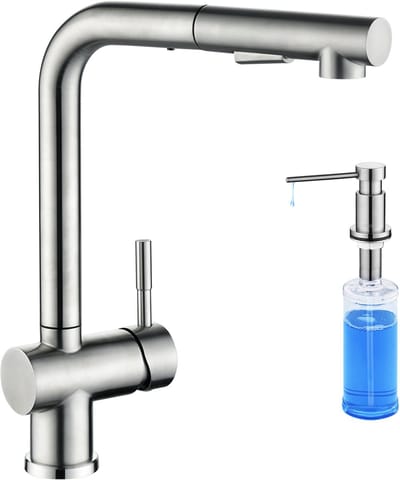 CECIPA max Keukenkraan Met Uittrekbare Uitloop - Met Zeepdispenser 300ML - Keukenkraan Uittrekbaar Zilver - 360° draaibare Keukenkraan - Keuken kraan van roestvrij staal