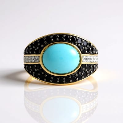 Cavill - Zilveren ring geel verguld - 2,7 ct Sleeping Beauty turkoois ovaal cabochon - 46 zwarte spinel - Brede moderne damesring elegant