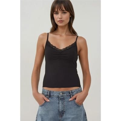 Dunne Gebreide V-hals Slim Fit Top met Kantdetails