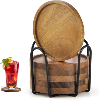Set van 6 Houten Onderzetters voor Glazen, Acaciahouten Onderzetters met Houder, Ideaal voor Dranken en Baraccessoires, 10 cm