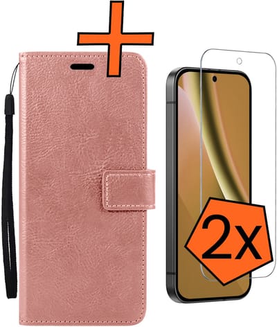 Hoes - Met 2x Screenprotector - Geschikt voor Google Pixel 10a - Luxe Pasjeshouder - Bookcase Portemonee - Flip Case - Kunstleer Book Case - Flipcase Hoes - Book Cover - Walletcase - PortemonneeHoes - Rosé goud