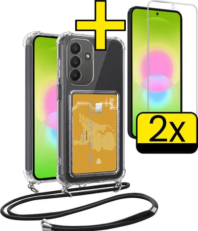 Hoesje Geschikt voor Samsung A27 Telefoonhoesje Met Koord Case Pashouder Met 2x Screenprotector Siliconen - Hoes Geschikt voor Samsung Galaxy A27 Hoesje Met Kaarthouder - Transparant