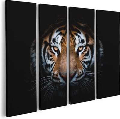 Artaza Canvas Schilderij Vierluik Tijger Op Zwart Achtergrond - 80x60 - Foto Op Canvas - Canvas Print