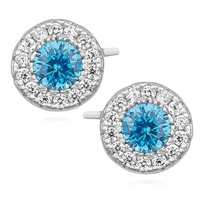 Joy|S - Zilveren elegante ronde oorbellen - 7.5 mm rond - aqua marine blauw zirkonia - gehodineerd