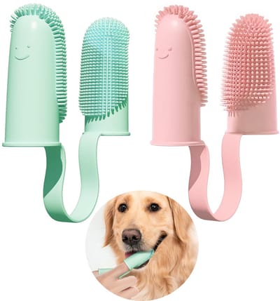 Set van 2 hondentandenborstels – 135° gebogen borstelharen – Tweevinger ontwerp – Eenvoudige gebitsreiniging voor puppy’s, katten en middelgrote huisdieren