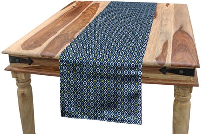 ABAKUHAUS Hippie Tafelloper – Abstracte bladvorm – 40x180 cm – Donkerblauw/Geel/Wit, Polyester