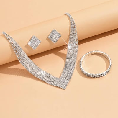 Boucles d'oreilles en plaqué argent avec strass pour femme, collier, bracelet, élastique, robe, accessoires de mariée blanc