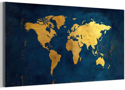 Aluminium schilderij 160x80 cm - Wanddecoratie metaal - Wereldkaart - Goud - Donkerblauw - Metalen muurdecoratie woonkamer - Decoratie industrieel - Foto op dibond - Industriële accessoires slaapkamer