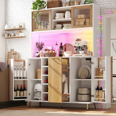 REDOM - Buffetkast met opbergruimte - 4 aparte kasten en wijnrek - Uitklapbare lade en geïntegreerd stopcontact - Moderne stijl - Eetkamer - MDF - Wit met houtdecor - 120 x 40 x 170 cm