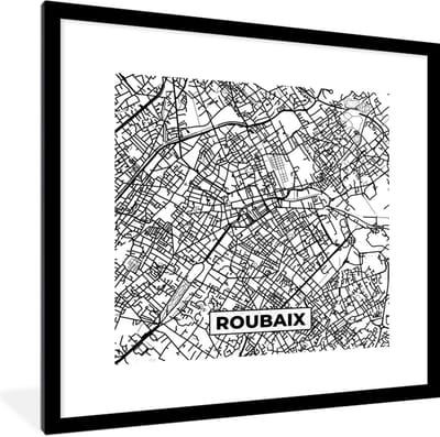 Fotolijst incl. Poster Zwart Wit- Kaart - Stadskaart - Roubaix - Frankrijk - Plattegrond - Zwart wit - 40x40 cm - Posterlijst
