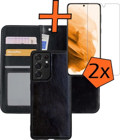 Hoes - 2 in 1 - Geschikt voor Samsung Galaxy S21 Ultra - Met 2x Screenprotector - En Uitneembare Hard Cover - Bookcase - Wallet Case - Met Pasjeshouder - Book Case - Uitneembaar - Pashouder - Kunstleer - Zwart