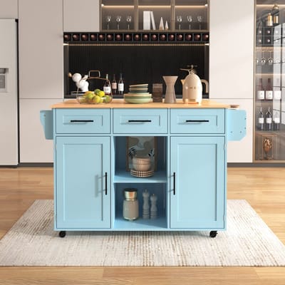 Wishdor - Keukenwagen - Inklapbaar Werkblad En Opbergruimte - Modern - MDF - Blauw - 139 x 46(71) x 91,5 cm