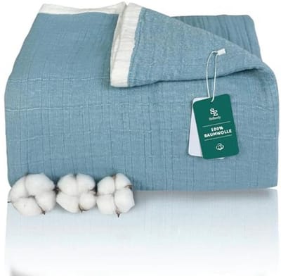 Zachte Mousseline Knuffeldeken - 4-laags Katoenen Bedsprei voor Het Hele Seizoen - Lichtblauw - 130 x 150 cm
