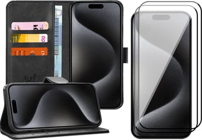 Hoesje geschikt voor iPhone 15 Pro - 2x Screen Protector FullGuard - Book Case Kunstleer Pasjeshouder Zwart & Screenprotector