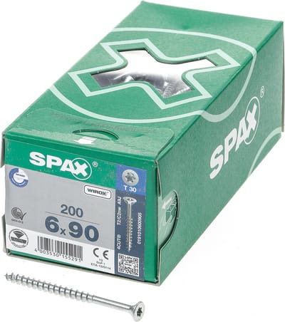 Spax Spaanplaatschroef platverzonken kop verzinkt T-Star T30 deeldraad 6.0x90mm (per 200 stuks)