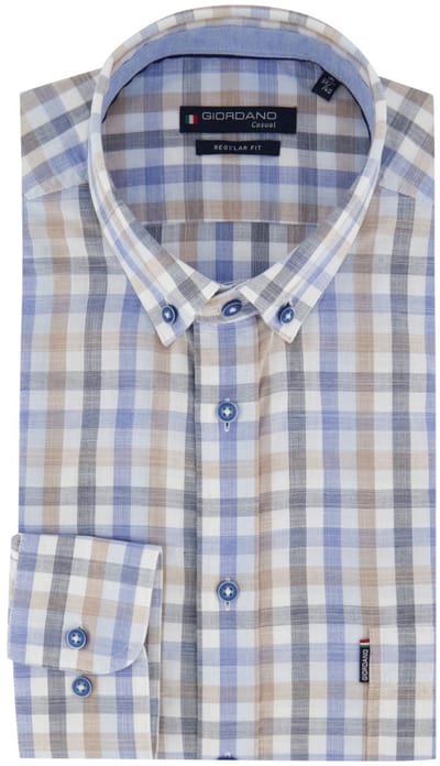 Blauw beige geruit katoenen Giordano Regular Fit overhemd