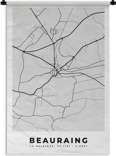 Wandkleed - Wanddoek - Stadskaart – Plattegrond – België – Zwart Wit – Beauraing – Kaart - 120x180 cm - Wandtapijt