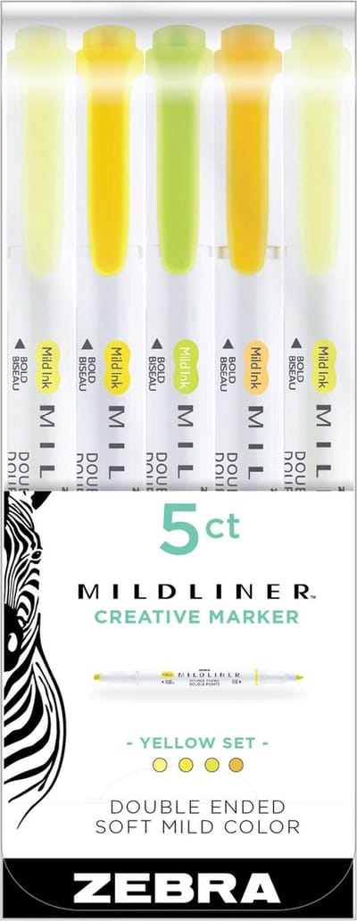 Zebra Mildliner Double Sided Tekstmarkers Fine & Bold – Yellow Colours- Set van 5 verpakt in een handige Zipperbag