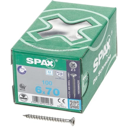 Spax Spaanplaatschroef platverzonken kop RVS pozidriv 6.0x70mm (per 100 stuks)