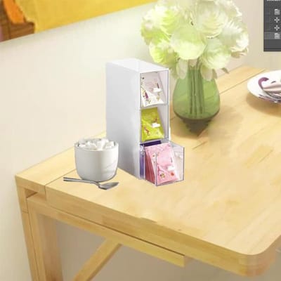 Famanu – Thee- en koffie organizer voor aanrecht, kunststof opbergdoos met 3 lades, geschikt voor thee, koffie en suikerzakjes, compacte keukenoplossing, wit