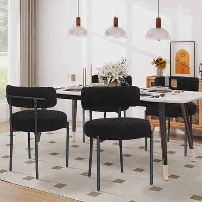 Puluomis Eetkamerstoelen - Set van 4 - Teddy Fleece - Lamsvacht - Metalen poten - Stoelen - Zwart - Gevoerde zitkussens - Gebogen rugleuning