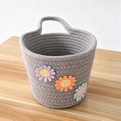 Hangmand, gevlochten katoenen touwmand, hangmand voor sleutels, handdoeken, speelgoed, boho-opbergmand voor badkamer, keuken, woonkamer, 15,5 x 9 x 12 cm (grijs)