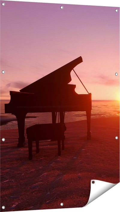 Gards Tuinposter Piano op het Strand bij Zonsondergang - 80x120 cm - Tuindoek - Tuindecoratie - Wanddecoratie buiten - Tuinschilderij