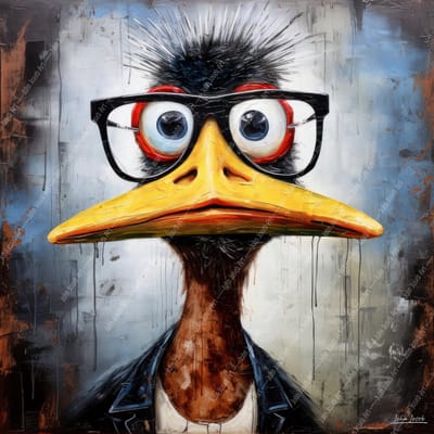 John Joseb Art (Glas) 100x100 | Grappige gekke eend met bril en jas, portret, kleurrijk, kunst | dier, vogel, humor, bruin, rood, geel, vierkant, modern | Foto-schilderij-glasschilderij-acrylglas-acrylaat-wanddecoratie