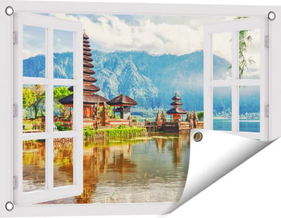 Gards Tuinposter Doorkijk Pura Tempel in Bali op het meer Beratan - 60x40 cm - Tuindoek - Tuindecoratie - Wanddecoratie buiten - Tuinschilderij