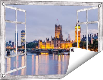 Gards Tuinposter Doorkijk London Big Ben en Westminster Brug - 60x40 cm - Tuindoek - Tuindecoratie - Wanddecoratie buiten - Tuinschilderij