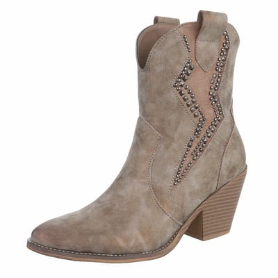 ZoeZo Design - laarzen - cowboylaarzen - westernlaarzen - enkellaarzen - khaki/beige - imitatieleer - suedine - met rits - maat 36 - hakhoogte 6 cm - subtiele studs