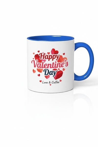 Valentijnsdag Mok Happy Valentine's Day - Liefde & Koffie Beker met Blauwe Rand en Handvat
