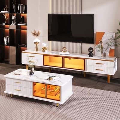 STILVORA TV-Meubel En Salontafel - Marmerlook Met Bruin Gehard Glas - Golfstructuur Lade, Variabele LED - Spaanplaat - 170x37x47,5 Cm / 100x50x40 Cm - Wit
