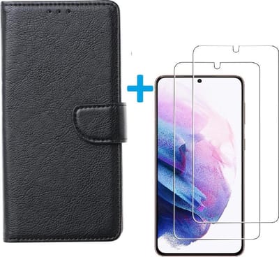 Bookcase Geschikt voor: Samsung Galaxy S21 Ultra 5G - Zwart - portemonnee hoesje met 2 stuks Glas Screen protector