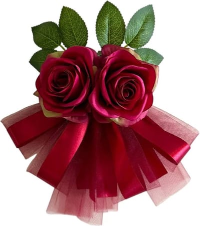 autodeco.nl LINA DONKER ROOD Handvatten Decoratie 4 stuks - Trouwauto Versiering - Donker Rode Rozen met linten en Tule - Bloemen voor op de Handvatten - Versiering Handvat Auto - Autoversiering voor Volgauto's
