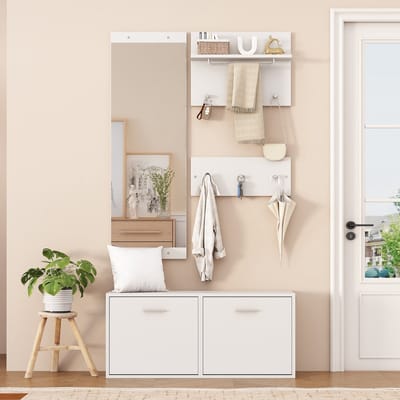Halkasten - 90x30x41,5 cm - Garderobenset 4-Delig Met Spiegel, 2 Hoedenplanken, Schuhschrank, 6 Haken - Hout - Wit