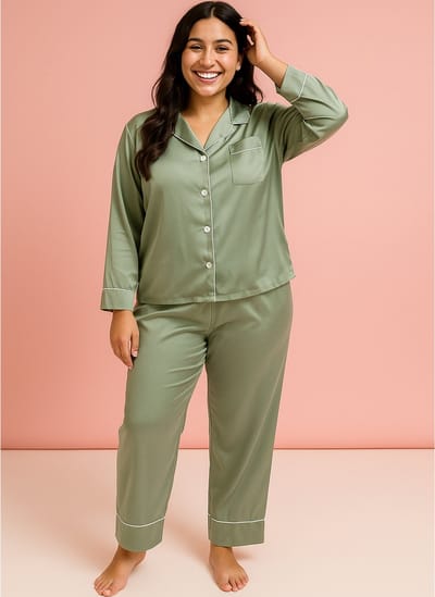 Kimomi Satijnen Pyjama Dames – Luxe Loungewear & Nachtkleding – Homewear Set met Lange Broek – Groen - Maat XXL