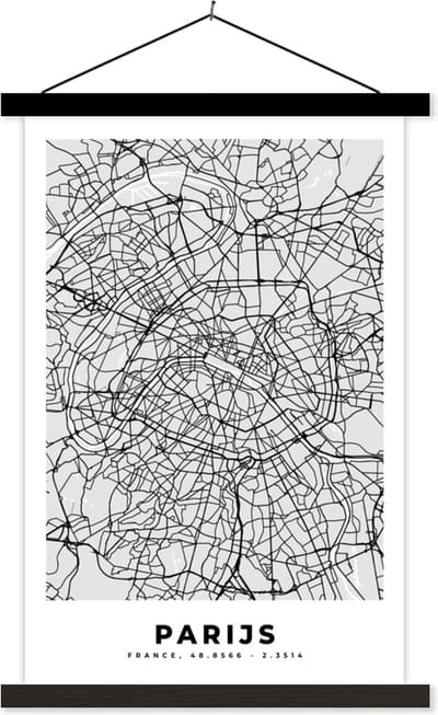 Posterhanger incl. Poster 40x60 cm - Schoolplaat - Parijs - Stadskaart - Zwart Wit - Plattegrond - Kaart - Textielposter - Zwarte latten - Stadskaart