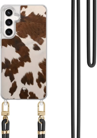 Telefoonhoesje met koord geschikt voor Samsung S24 FE - Cow vibe - Inclusief Zwart koord - Transparant, Bruin - Print - Crossbody beschermhoes - Met Telefoonketting