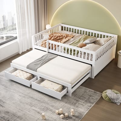 DESMIU Bedbank 140x200 cm – Uitschuifbed met Veiligheidshek – 2 Laden en Lattenbodem – Voor Kinderkamer of Logeerkamer – Hout – Wit – Zonder matras