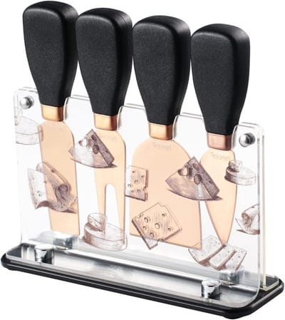 Set van 5 Kaasmesjes met Kaasvork en Acrylstandaard - Roze Goud, RVS, Perfect voor Kaas en Snacks